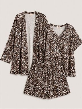 NWT Wasabi Leopard 3PC Lounge Set Plus Size M (16–18) Cardigan Top Shorts Cozy